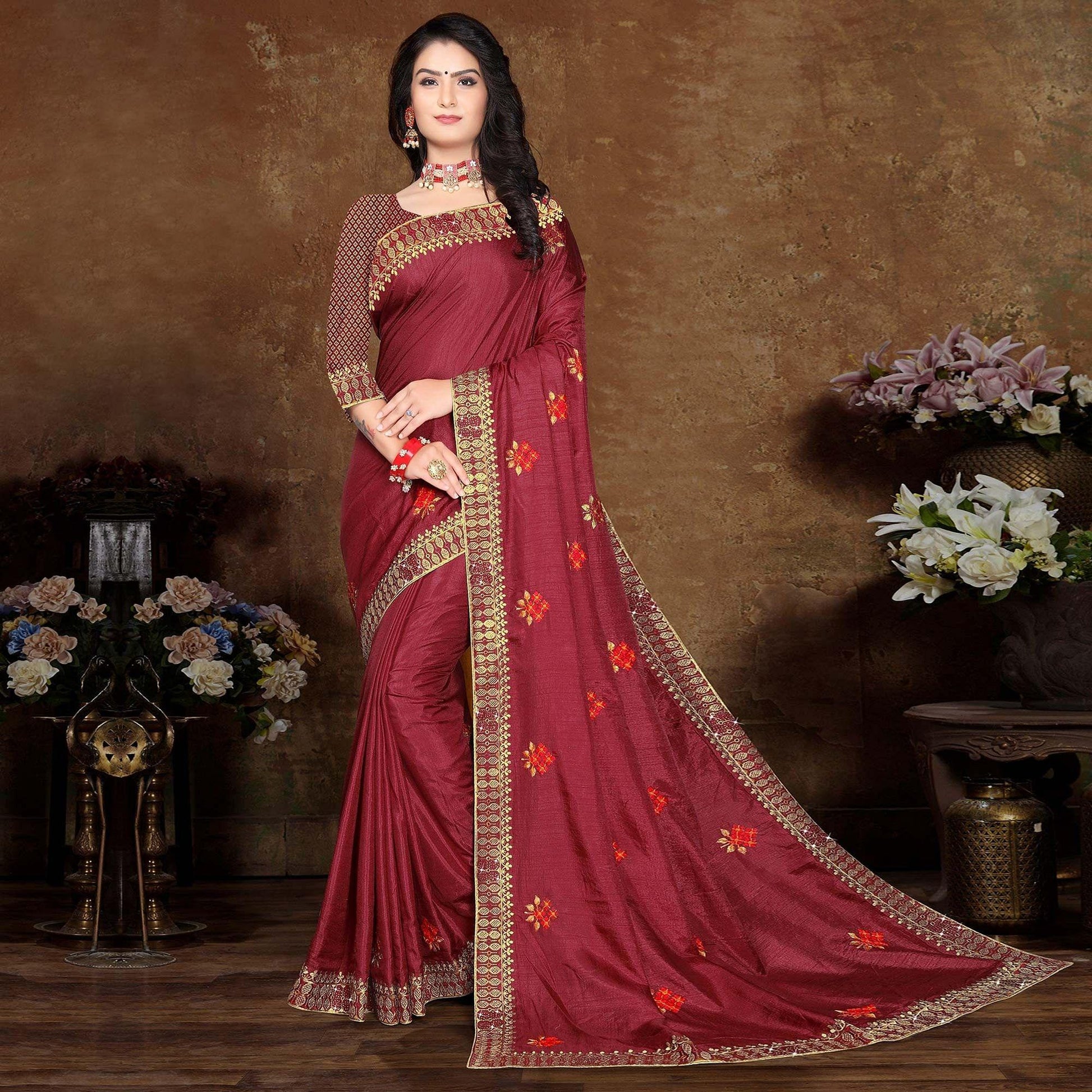 Maroon Festive Wear Embroidered Vichitra Silk Saree