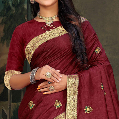 Maroon Festive Wear Embroidered Vichitra Silk Saree