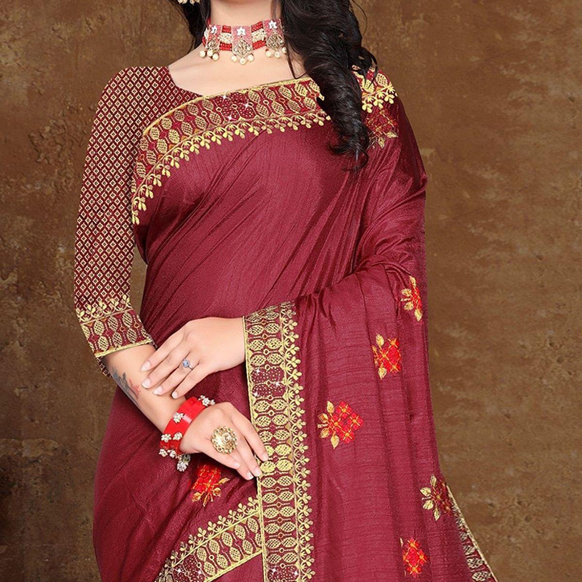 Maroon Festive Wear Embroidered Vichitra Silk Saree