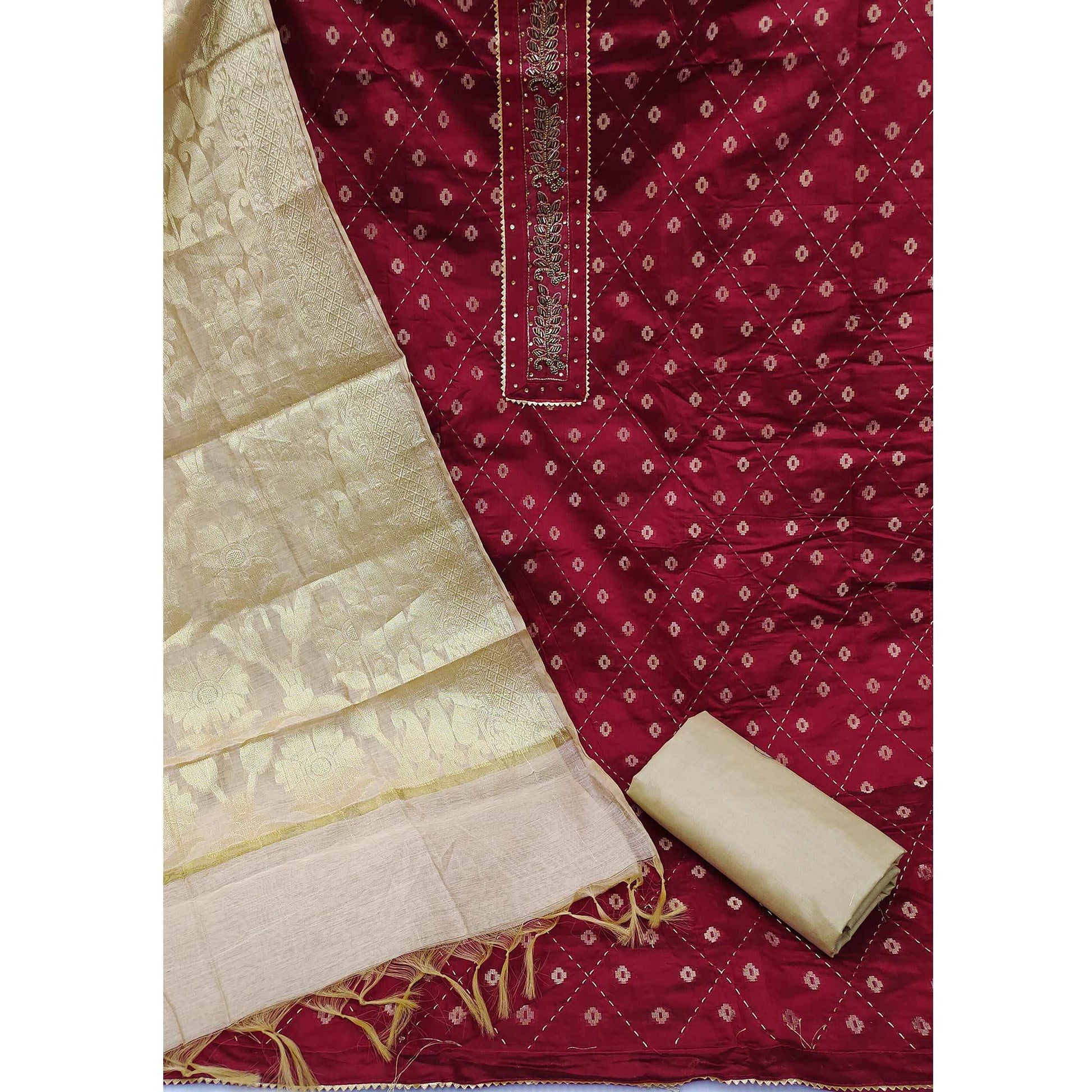 Maroon Festive Wear Embroidery With Embellished Chanderi Dress Material