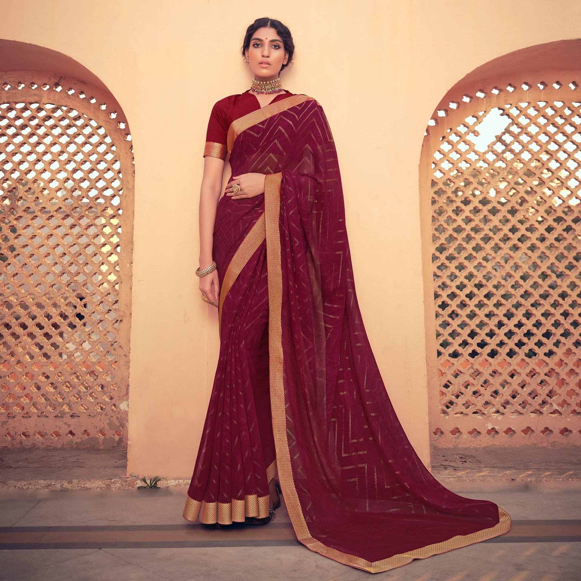Maroon Festive Wear Fancy Smoke Printed Georgette Saree Fancy Lace