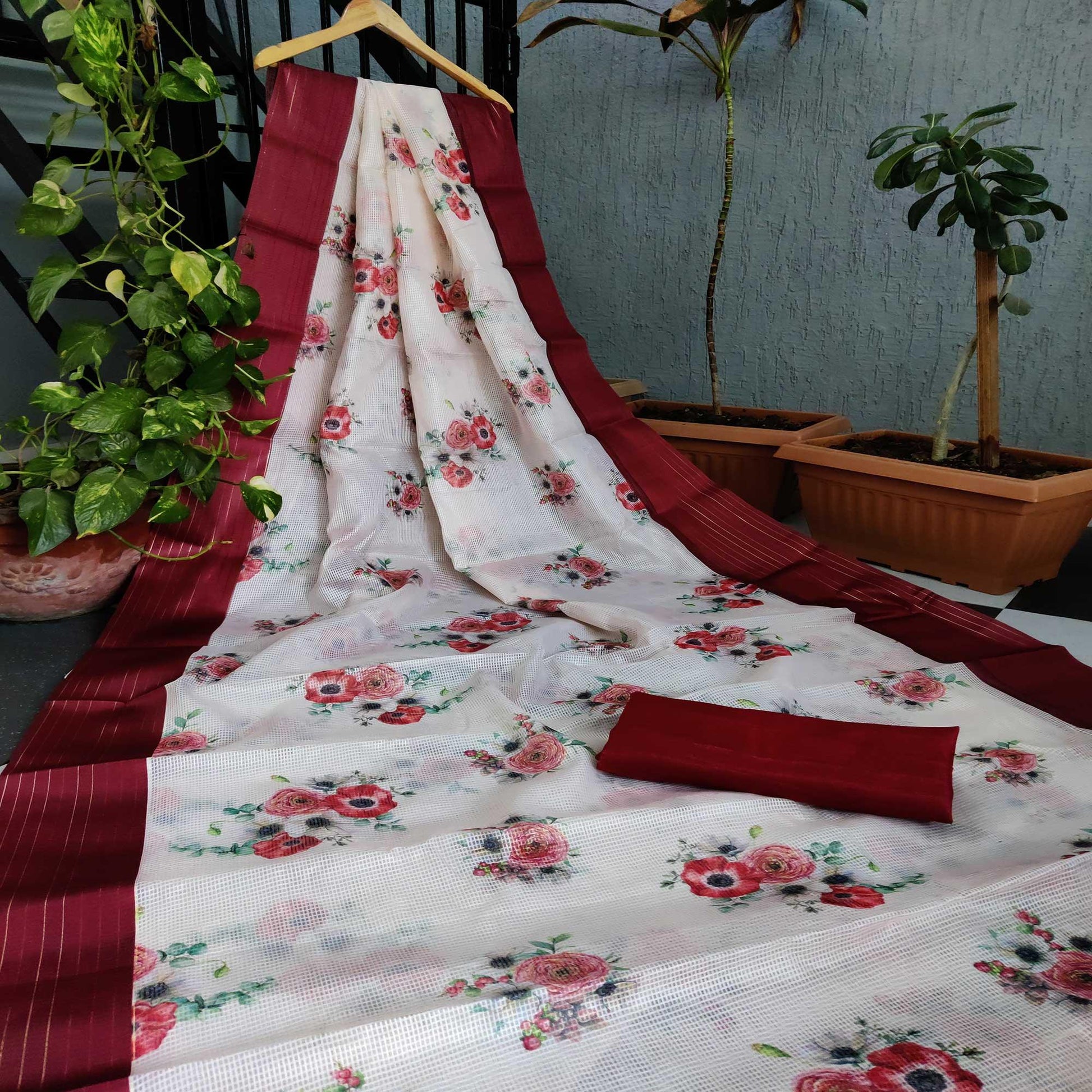 Maroon Festive Wear Floral Digital Print With Woven Border Silk Saree