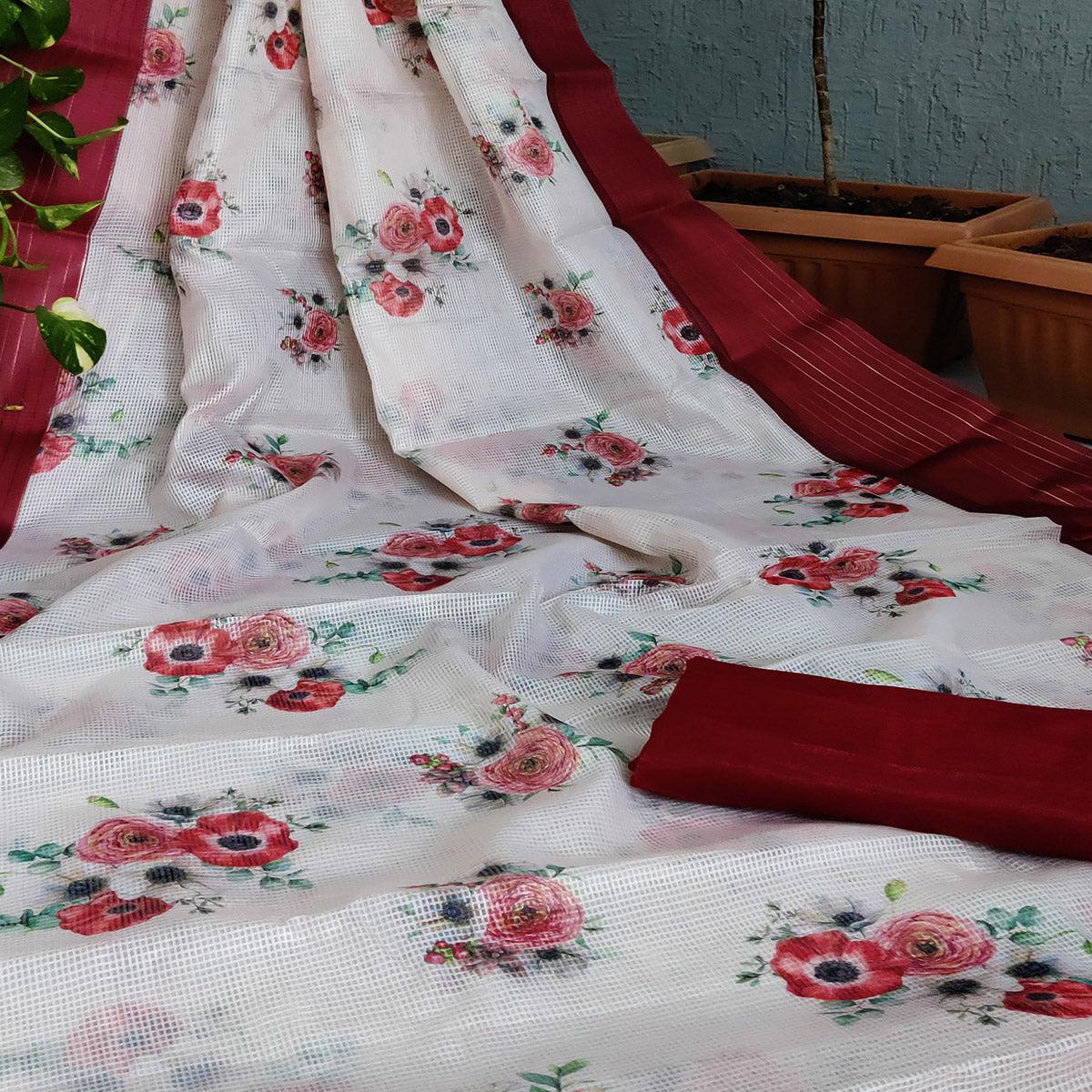 Maroon Festive Wear Floral Digital Print With Woven Border Silk Saree