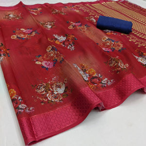 Maroon Festive Wear Floral Digital Printed With Woven Border Soft Cotton Saree