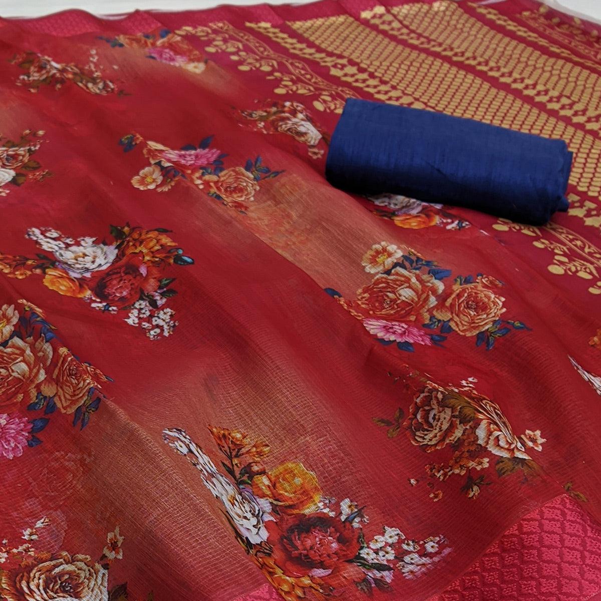 Maroon Festive Wear Floral Digital Printed With Woven Border Soft Cotton Saree
