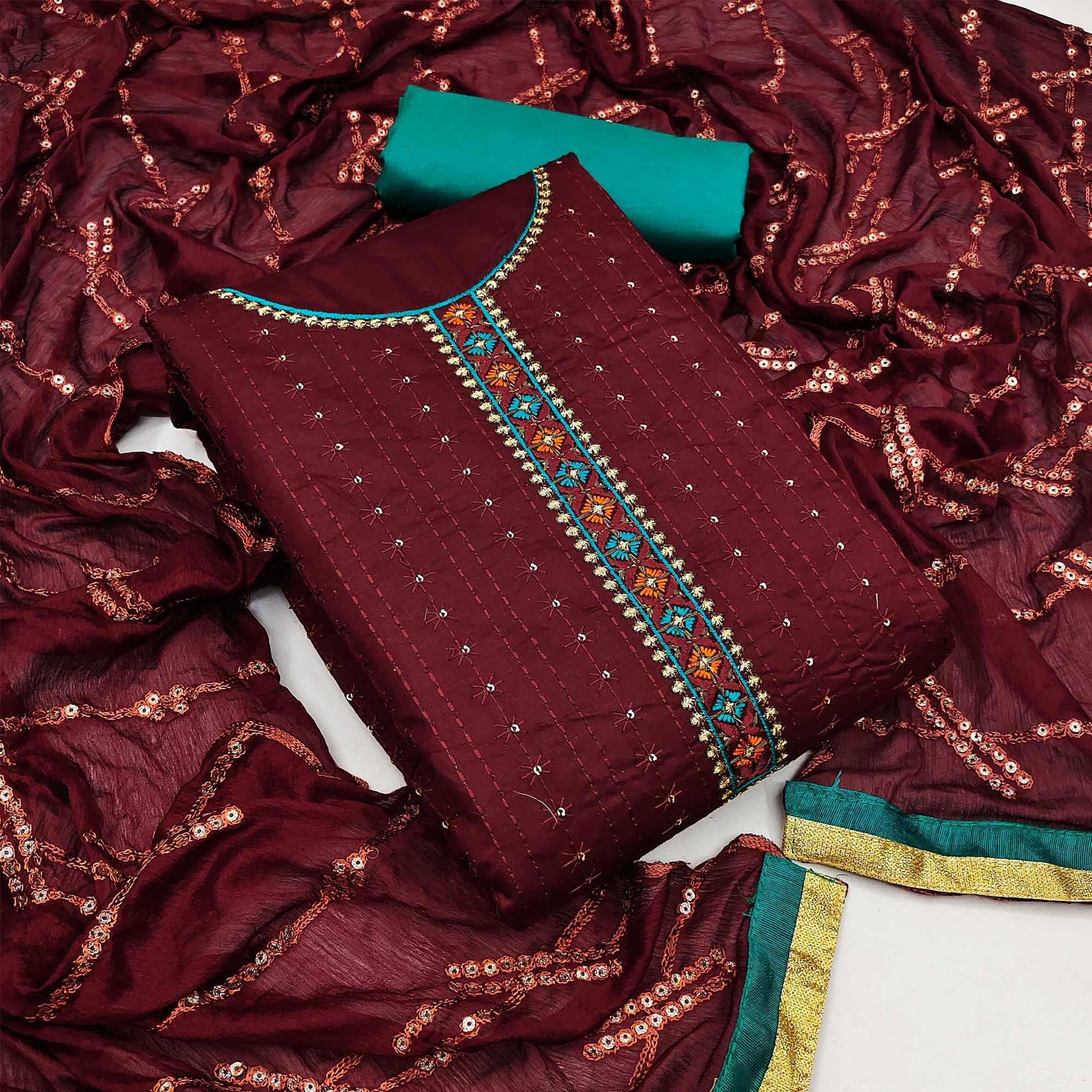 Maroon Festive Wear Floral Embroidered Cotton Dress Material