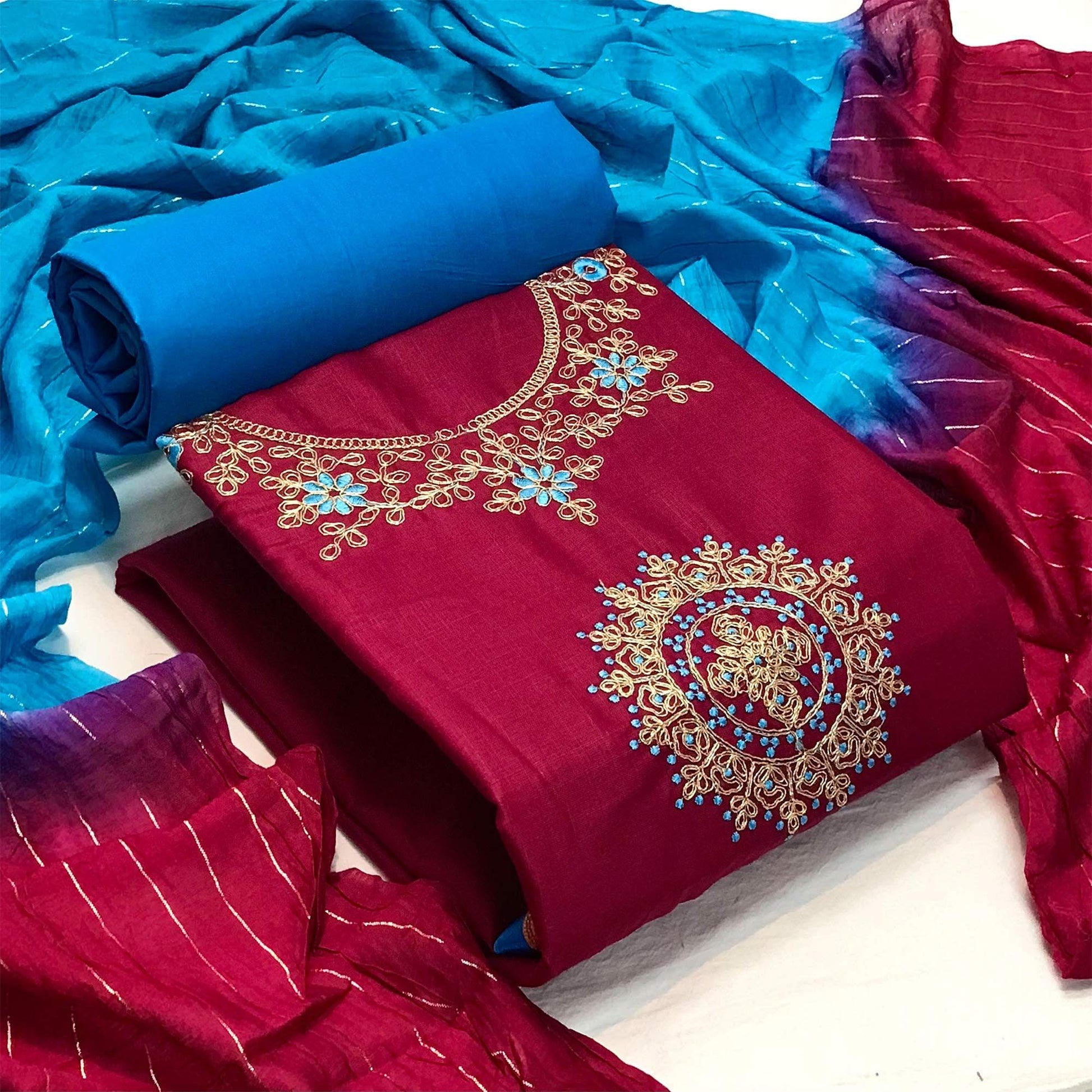 Maroon Festive Wear Floral Embroidered Cotton Dress Material