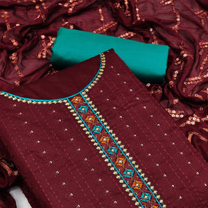 Maroon Festive Wear Floral Embroidered Cotton Dress Material