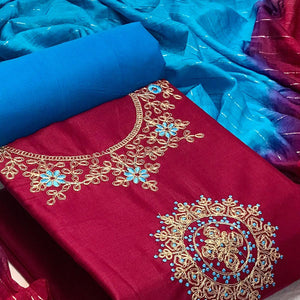 Maroon Festive Wear Floral Embroidered Cotton Dress Material
