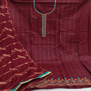 Maroon Festive Wear Floral Embroidered Cotton Dress Material