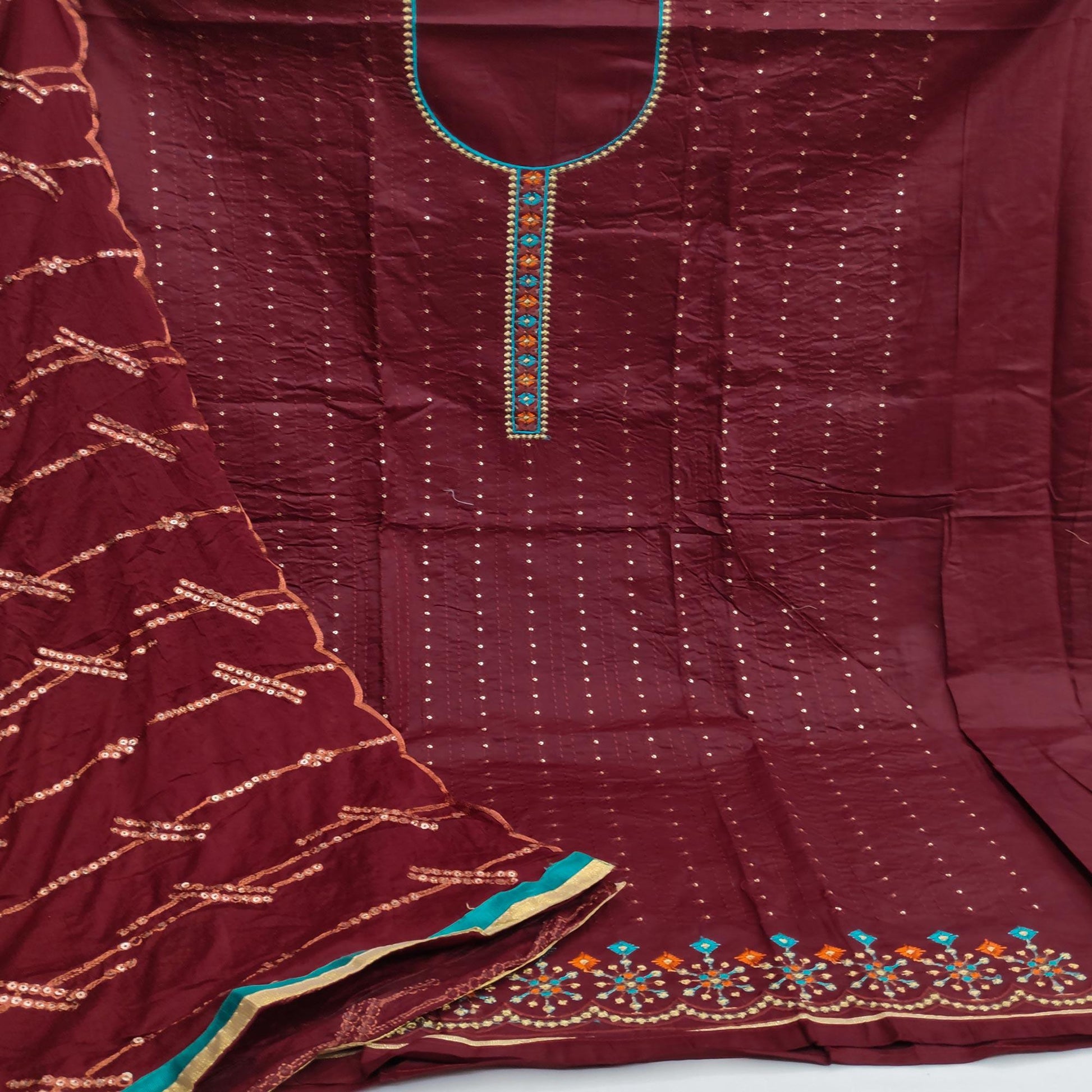 Maroon Festive Wear Floral Embroidered Cotton Dress Material
