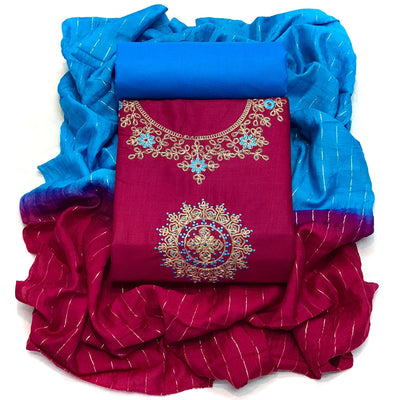 Maroon Festive Wear Floral Embroidered Cotton Dress Material