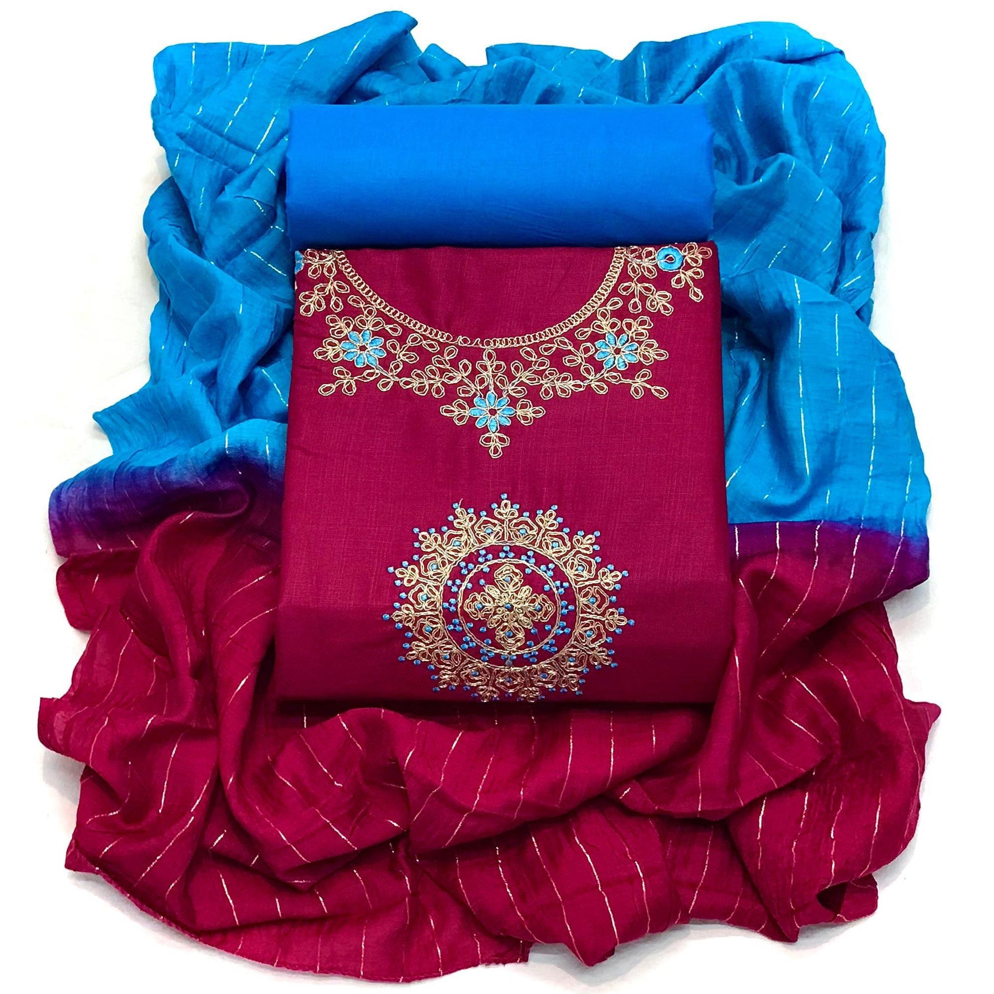Maroon Festive Wear Floral Embroidered Cotton Dress Material