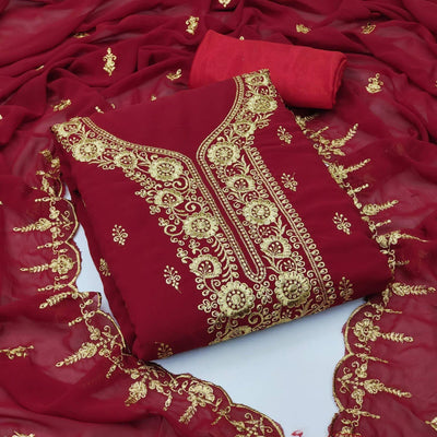 Maroon Festive Wear Floral Embroidered Georgette Dress Material