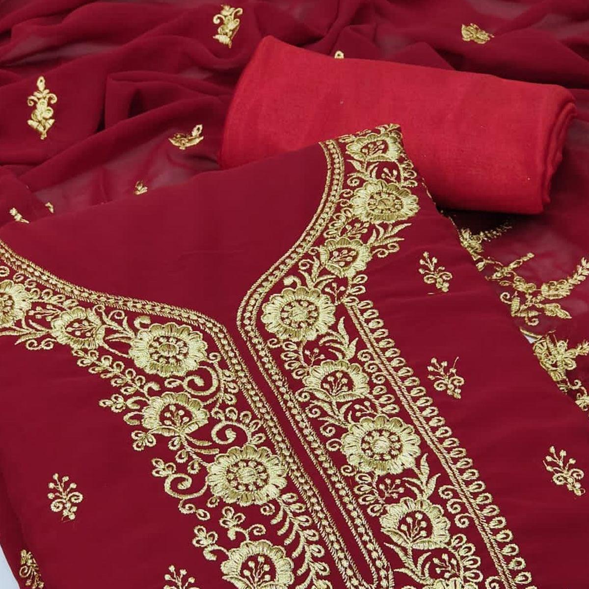 Maroon Festive Wear Floral Embroidered Georgette Dress Material