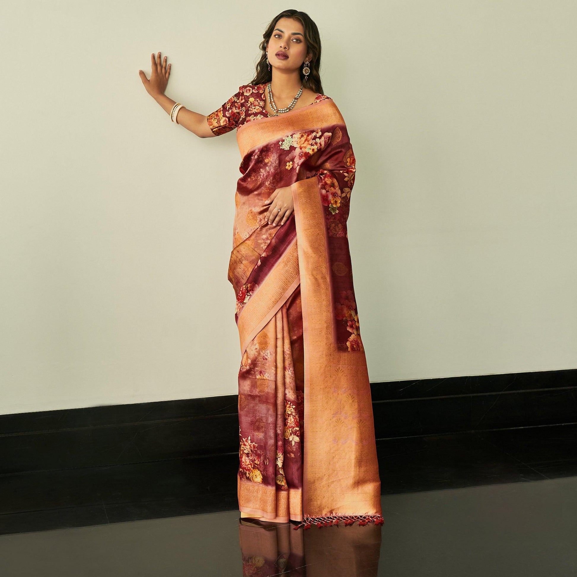 Maroon Festive Wear Floral Printed Silk Saree With Woven Border