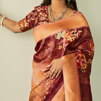 Maroon Festive Wear Floral Printed Silk Saree With Woven Border