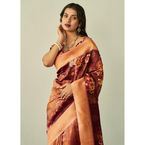 Maroon Festive Wear Floral Printed Silk Saree With Woven Border