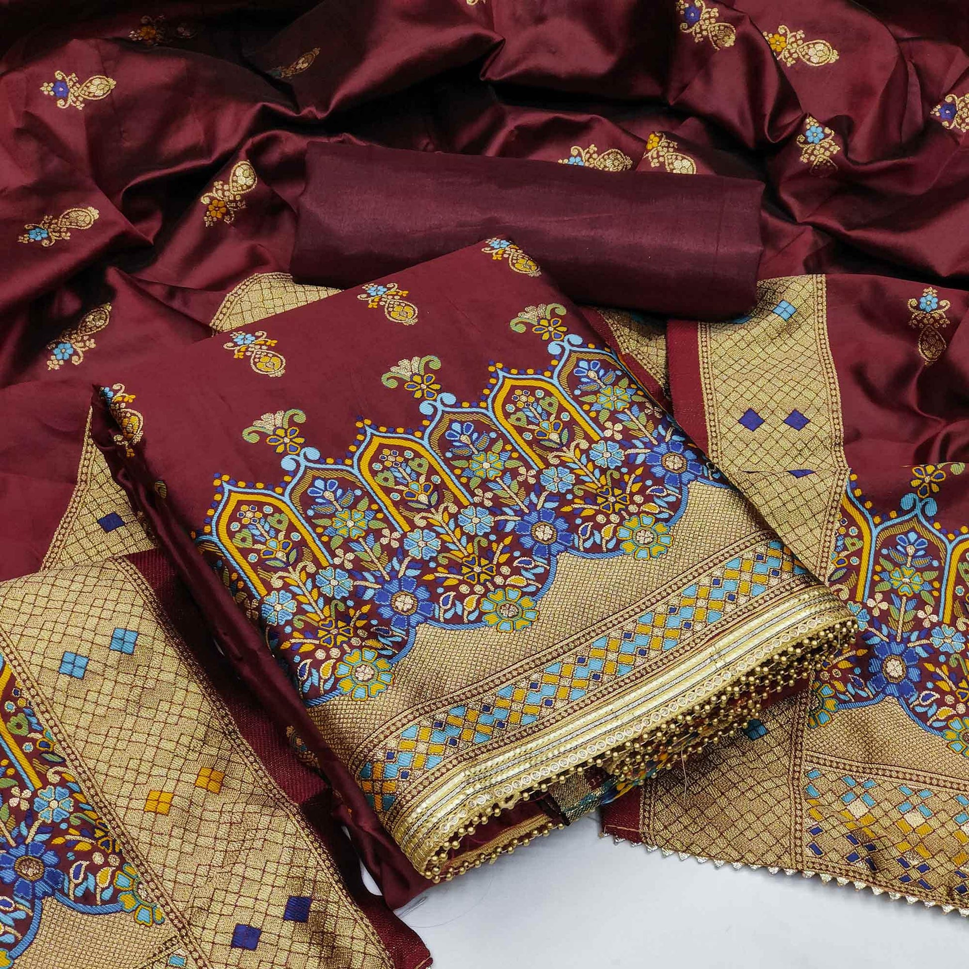 Maroon Festive Wear Floral Woven Banarasi Silk Jacquard Dress Material