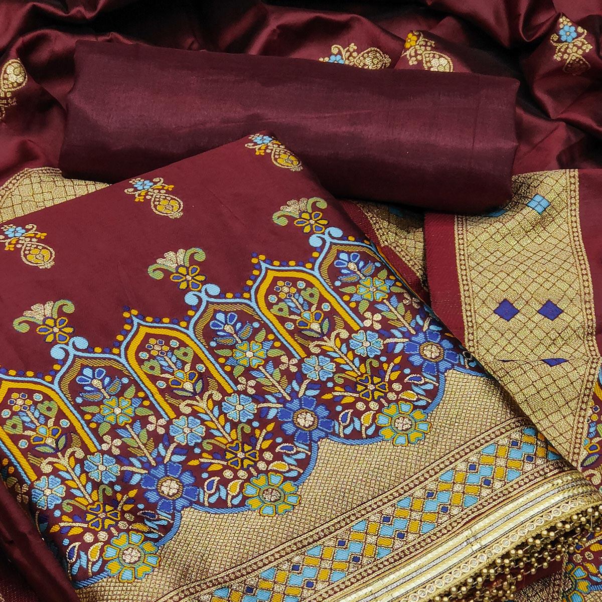 Maroon Festive Wear Floral Woven Banarasi Silk Jacquard Dress Material