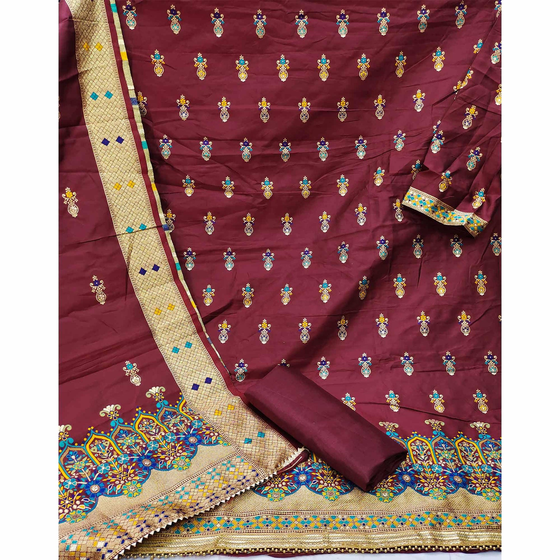 Maroon Festive Wear Floral Woven Banarasi Silk Jacquard Dress Material