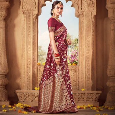 Maroon Festive Wear Floral Woven Banarasi Silk Saree