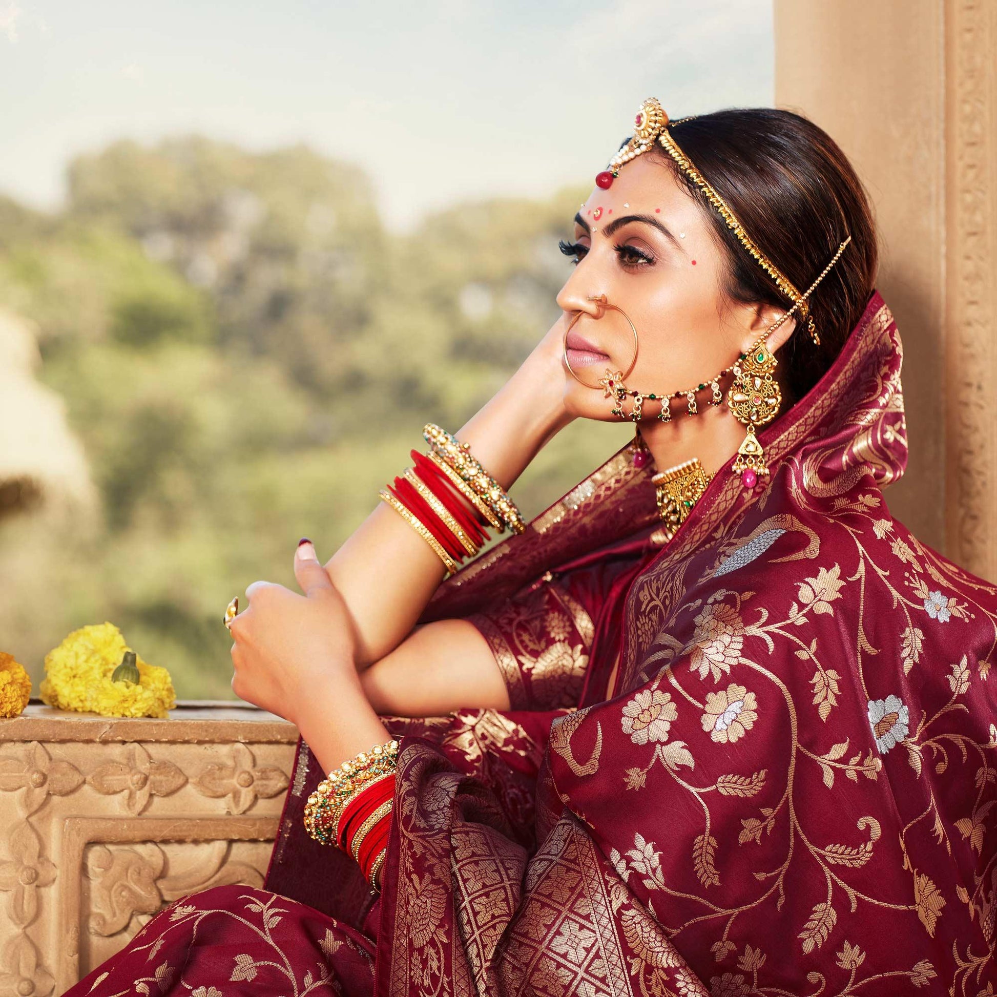 Maroon Festive Wear Floral Woven Banarasi Silk Saree