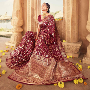 Maroon Festive Wear Floral Woven Banarasi Silk Saree