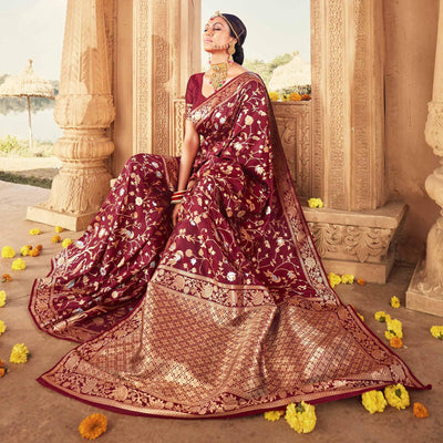 Maroon Festive Wear Floral Woven Banarasi Silk Saree