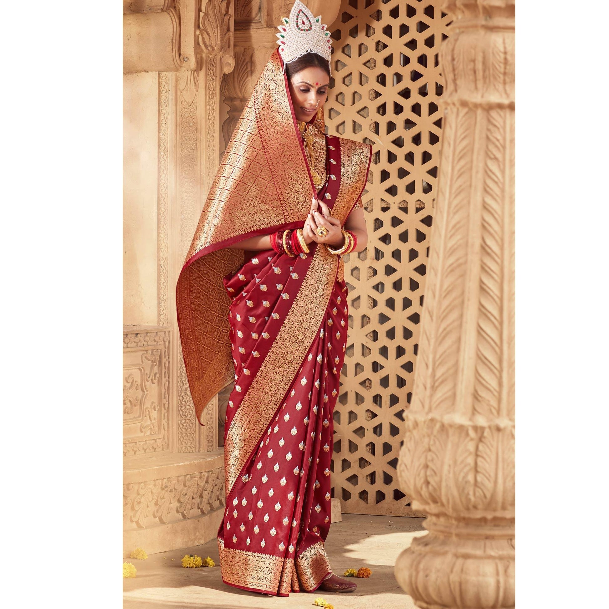 Maroon Festive Wear Floral Woven Banarasi Silk Saree