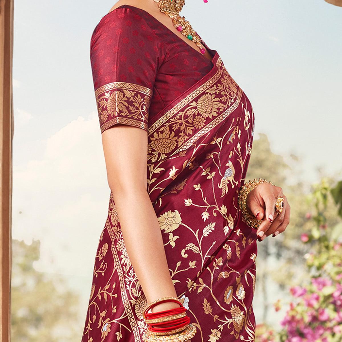 Maroon Festive Wear Floral Woven Banarasi Silk Saree