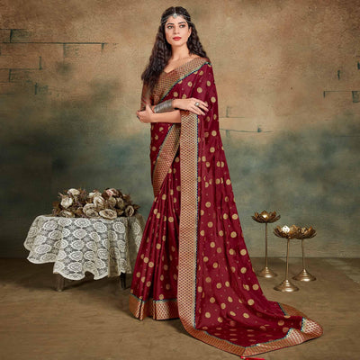 Maroon Festive Wear Foil Work Chiffon Saree With Banarasi Border