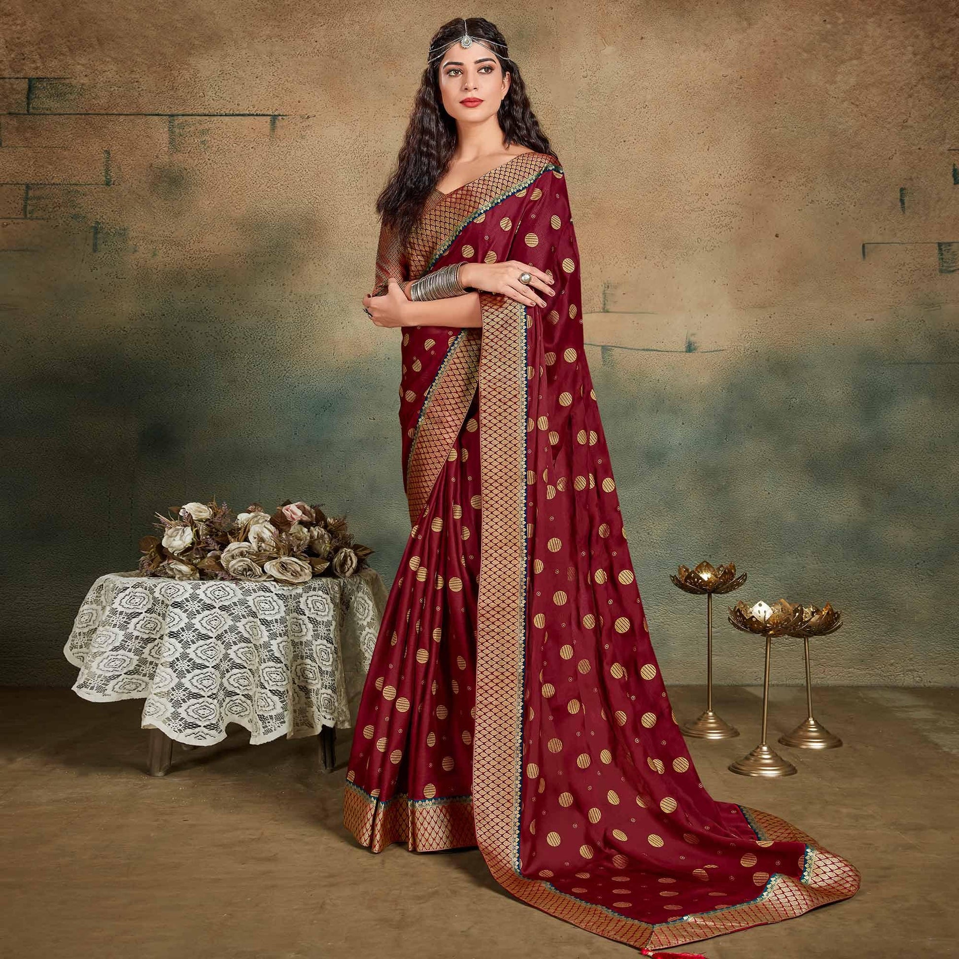 Maroon Festive Wear Foil Work Chiffon Saree With Banarasi Border