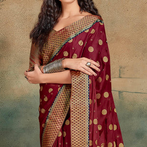 Maroon Festive Wear Foil Work Chiffon Saree With Banarasi Border