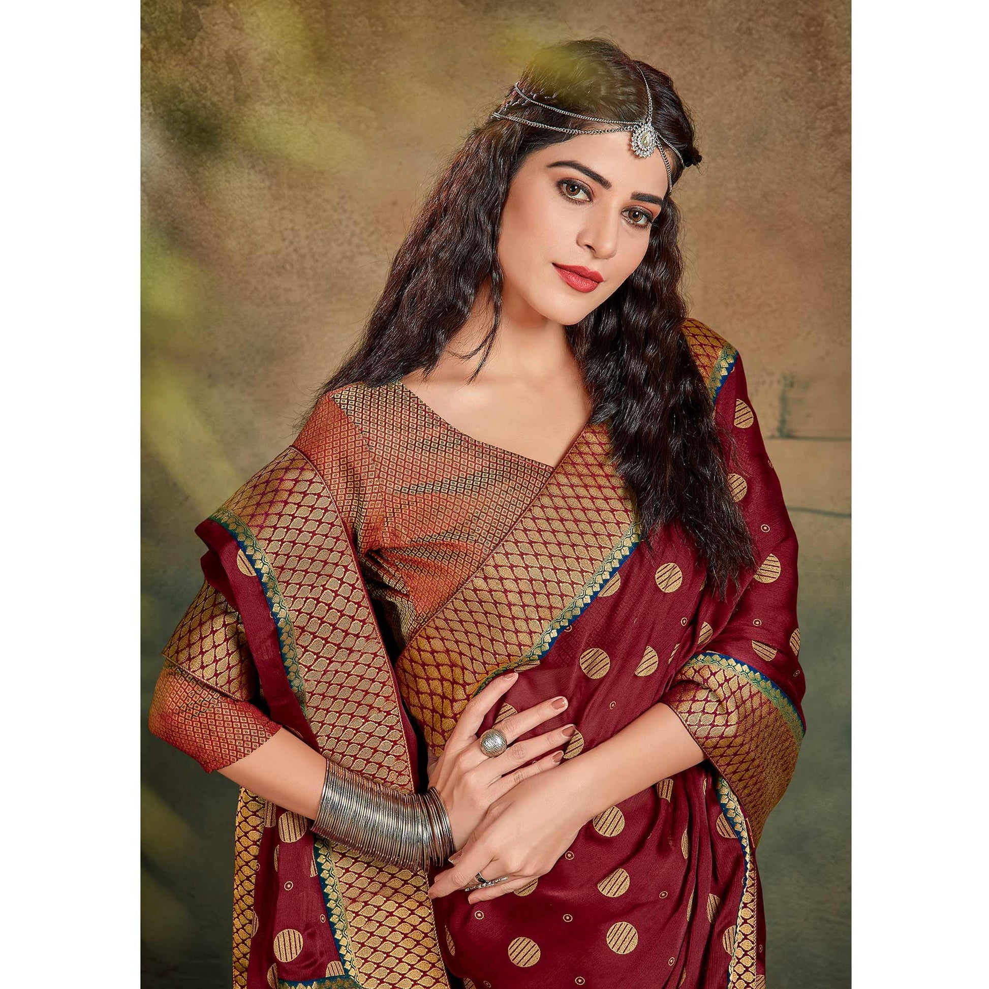 Maroon Festive Wear Foil Work Chiffon Saree With Banarasi Border