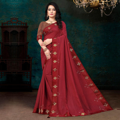 Maroon Festive Wear Lace With Stone Work Silk Designer Saree