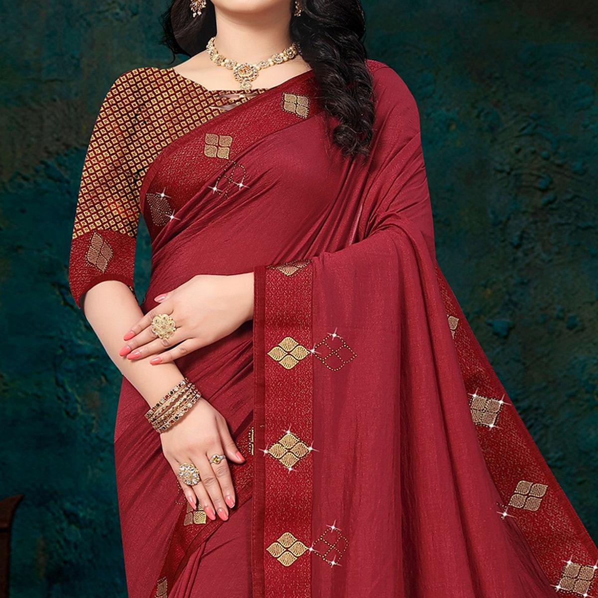 Maroon Festive Wear Lace With Stone Work Silk Designer Saree