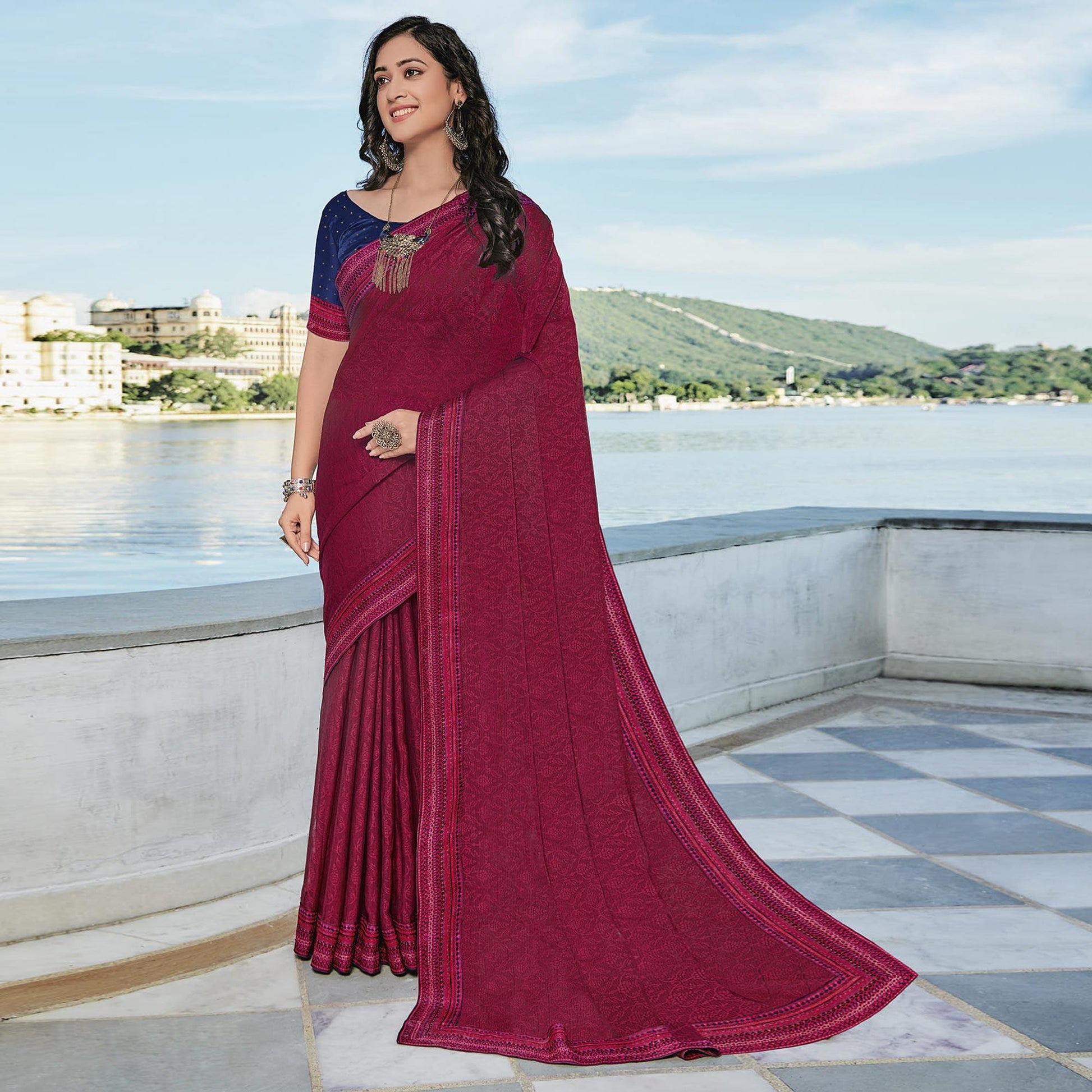 Maroon Festive Wear Printed Brasso Saree