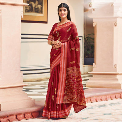 Maroon Festive Wear Printed Chanderi Silk Saree