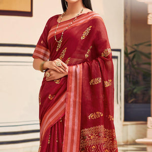 Maroon Festive Wear Printed Chanderi Silk Saree