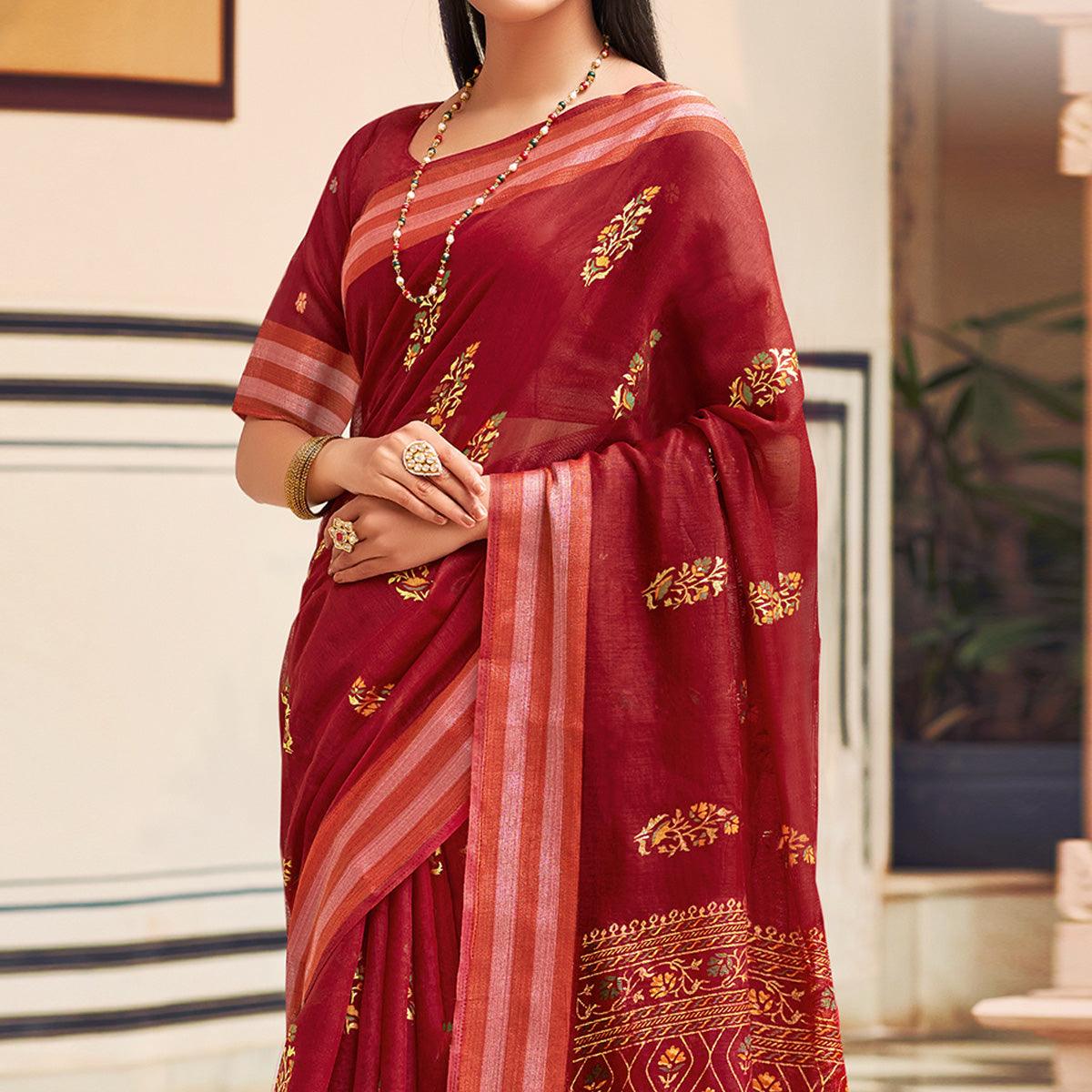 Maroon Festive Wear Printed Chanderi Silk Saree