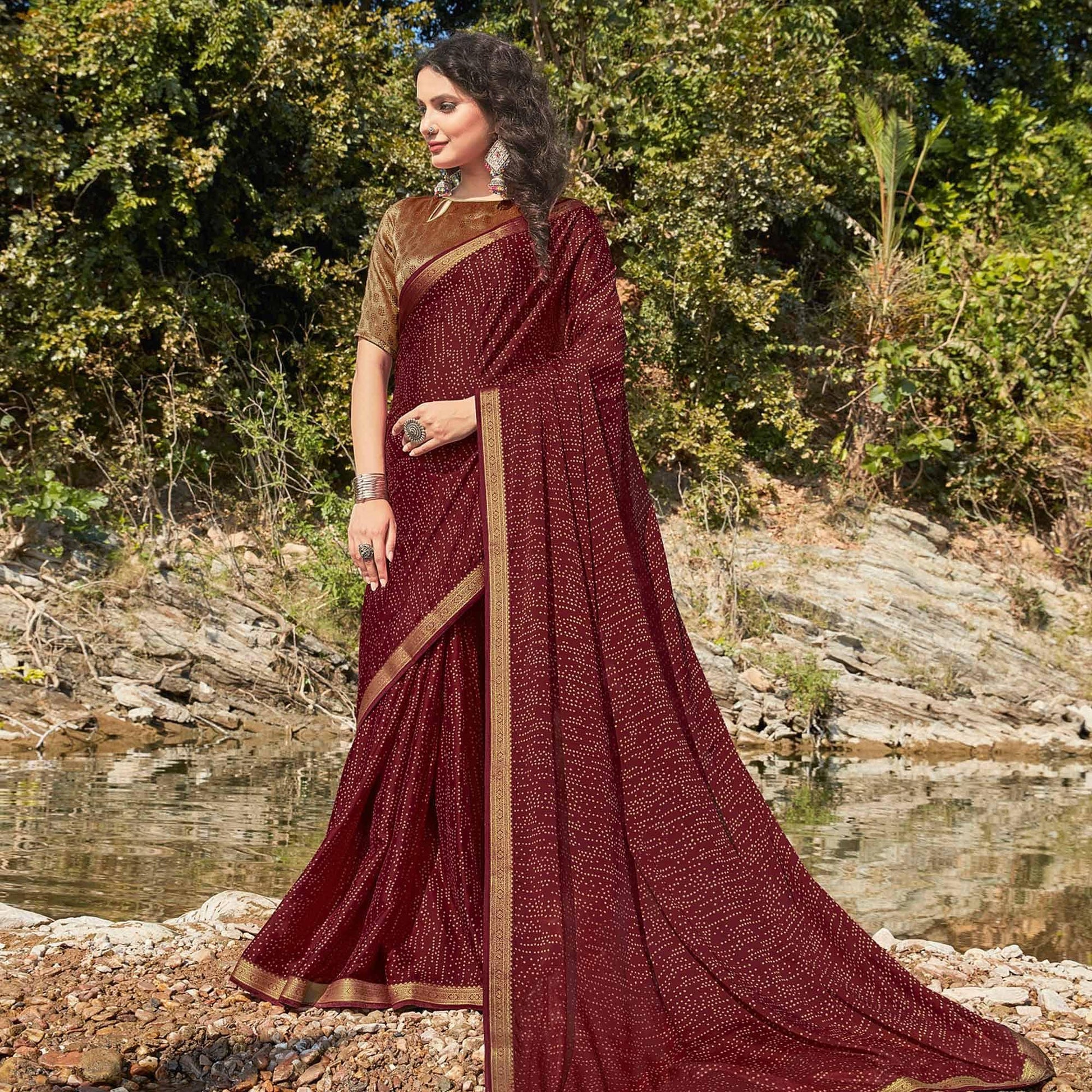 Maroon Festive Wear Printed Silk Saree
