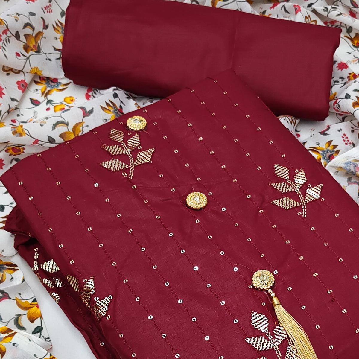 Maroon Festive Wear Sequins Work Cotton Dress Material