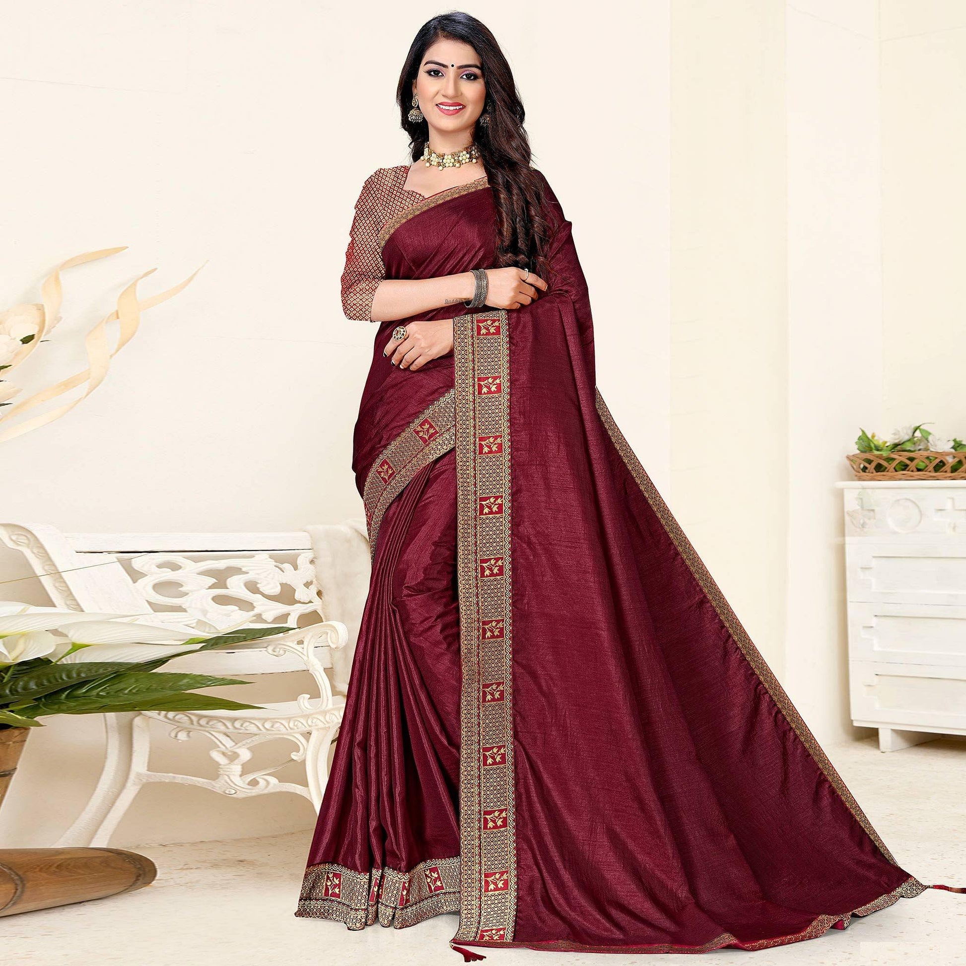 Maroon Festive Wear Solid Art Silk Saree