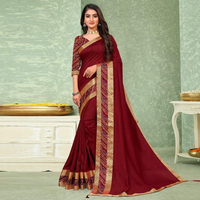 Maroon Festive Wear Solid Vichitra Silk Saree