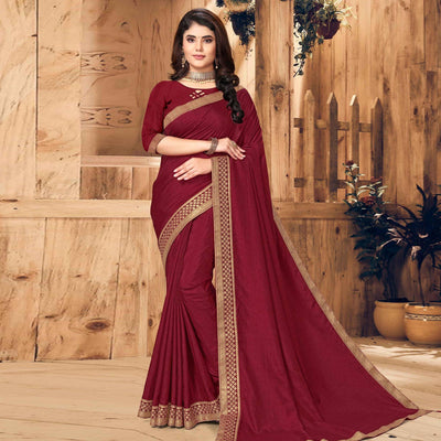 Maroon Festive Wear Solid Vichitra Silk Saree