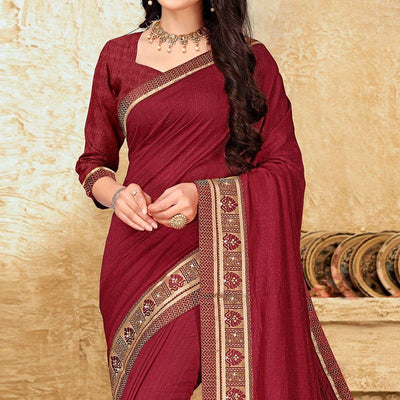 Maroon Festive Wear Solid Vichitra Silk Saree