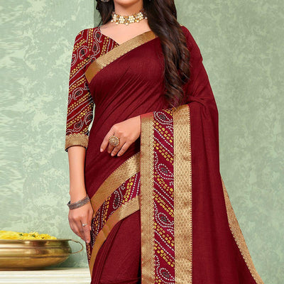 Maroon Festive Wear Solid Vichitra Silk Saree