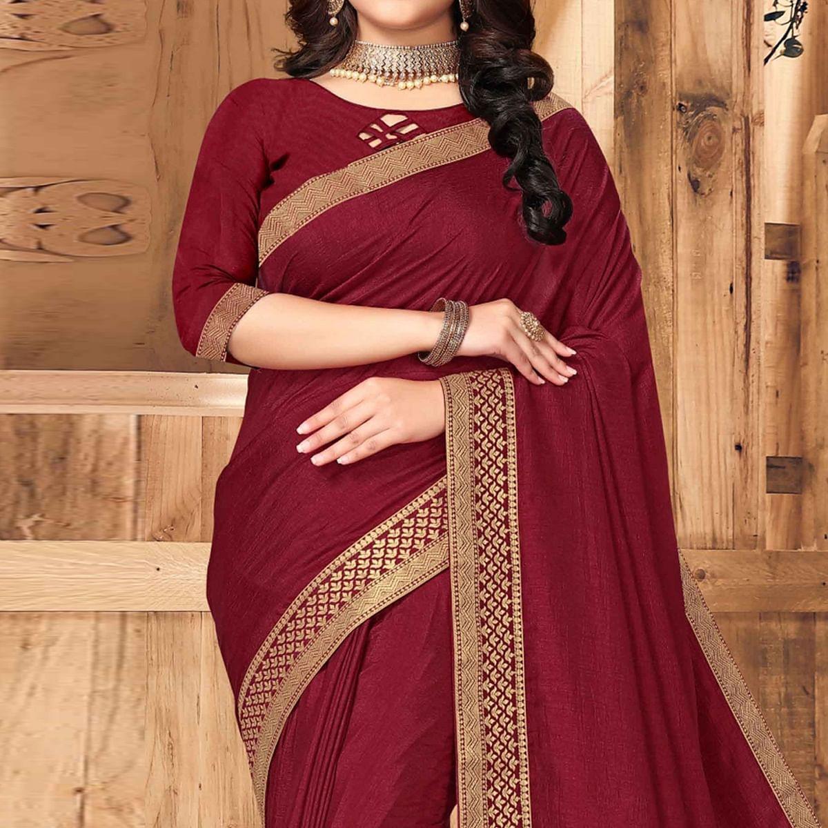Maroon Festive Wear Solid Vichitra Silk Saree