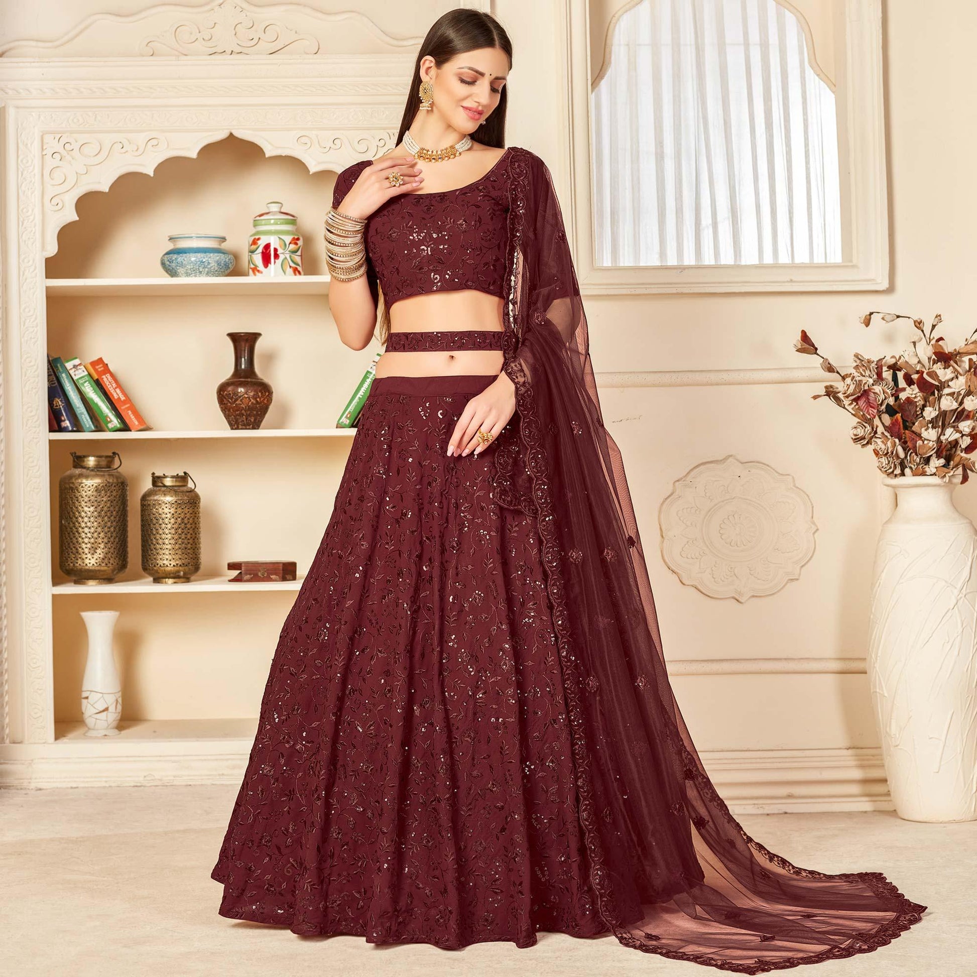 Maroon Festive Wear Thread with Sequins Embroidered Georgette Lehenga Choli